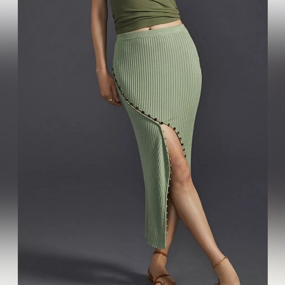 Anthropologie Sovere Buttonfront Ribbed Knit Pencil MIDI Skirt M Green NEW! - Picture 1 of 7